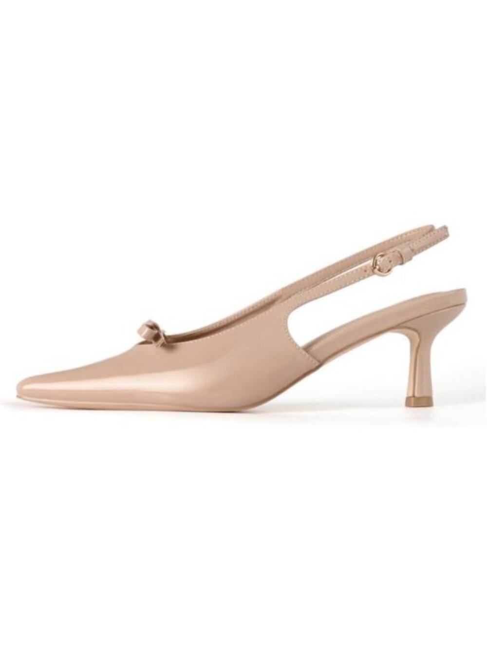 Women's Beige Patent Kitten Heels w/ Bow Pointed Close Toe Pumps Dress Shoes